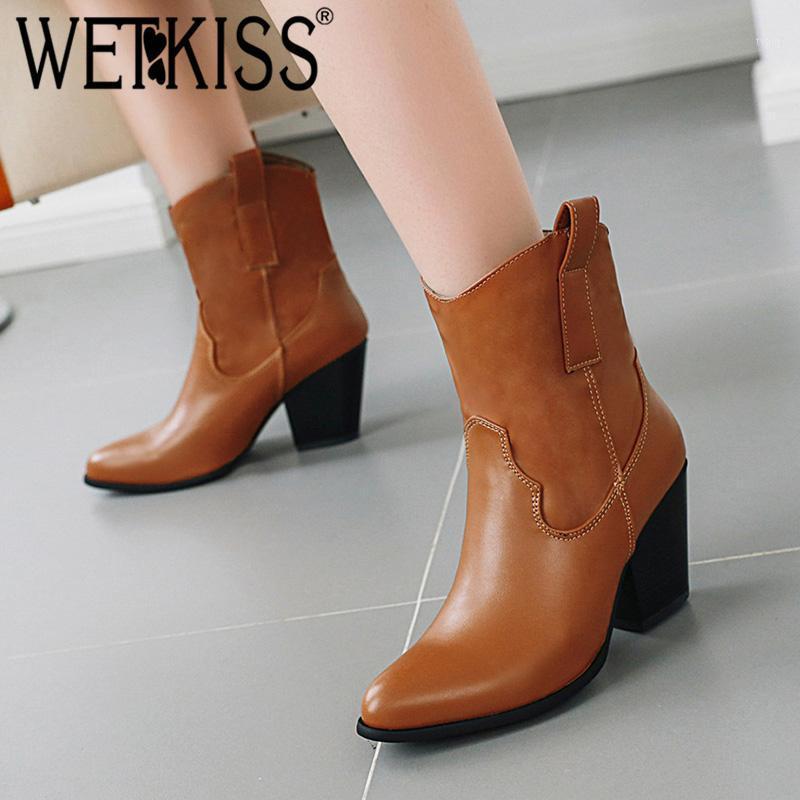 

WETKISS Western Boots Women High Heels Ankle Boot Female Cowboy Shoes Ladies Pointed Toe Pu Shoes Winter 2020 New1, Black