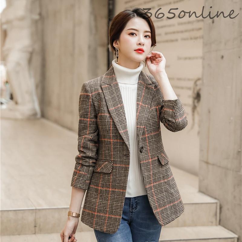 

High Quality Fabric Long Sleeve Jacket Women Styles Blazer Business Work Wear Office Lady Coat Outwear Blaser, Brown plaid