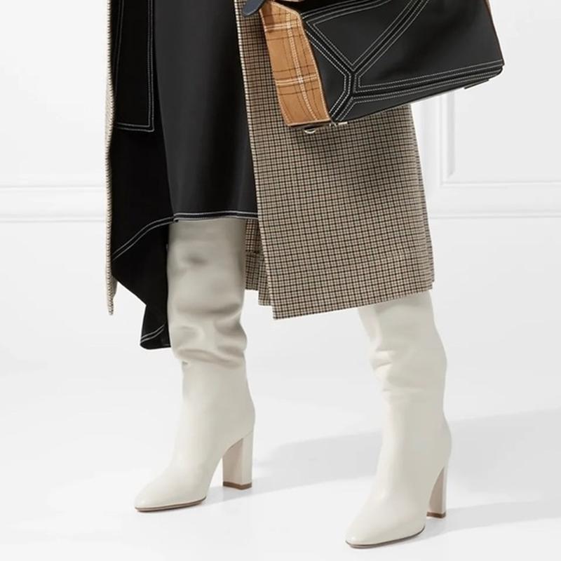 

Matte Beige Block Heel Boots Knee High Round Toe Slip On Runway Dress Ladies Shoes Custom Made Square Heel Winter Women Boots1, Ivory