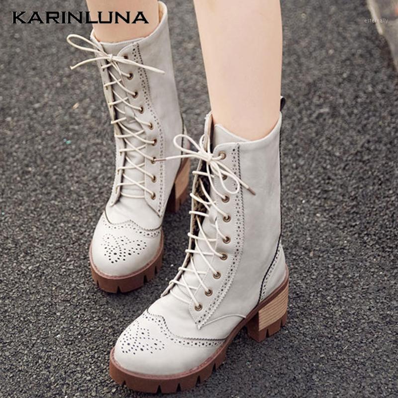 

Karin plus size 34-43 shoes women 2021 wholesale classics round teo cross-tied square thick heels platform ankel boots1, Beige