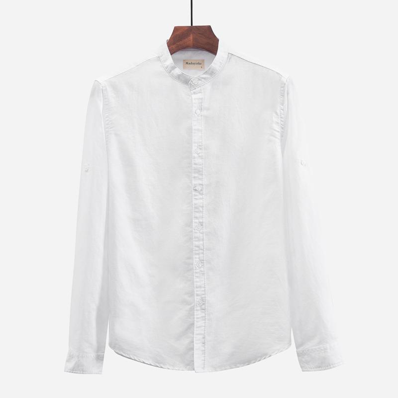 

Japanese style long-sleeved linen shirt men large size cotton men shirts stand collar male shirt S-4XL solid shirts mens camisa, Black