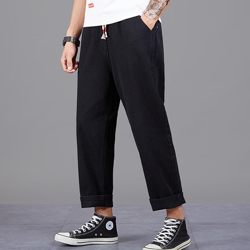 

Plus size men nine-point jeans denim loose harem straight-leg pants wide-leg drape 9 points Hong Kong style oversized -48, Black