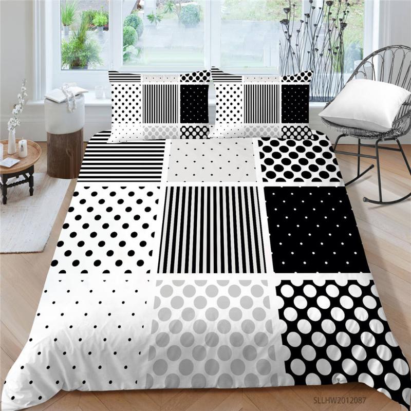 

Creative Plaid Bed Set Queen Size Stripes And Dots Duvet Cover Set King Double  Full Single Black And White Bedding, Style 6
