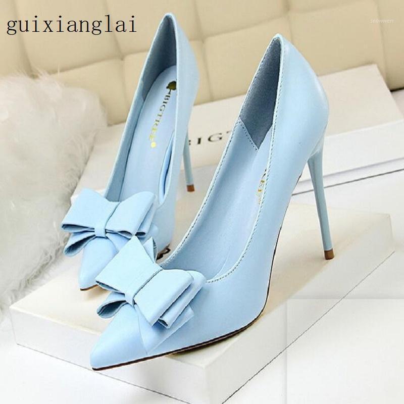

2021 new sweet high heel stiletto heel high thin shallow mouth pointed candy color bow women's shoes1, White