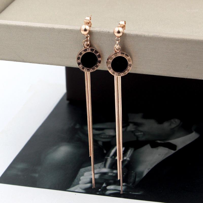 

Fashion jewelry steel ball earrings hanging black Roman numeral round cake snake bone chain tassel rose gold women earrings gift1