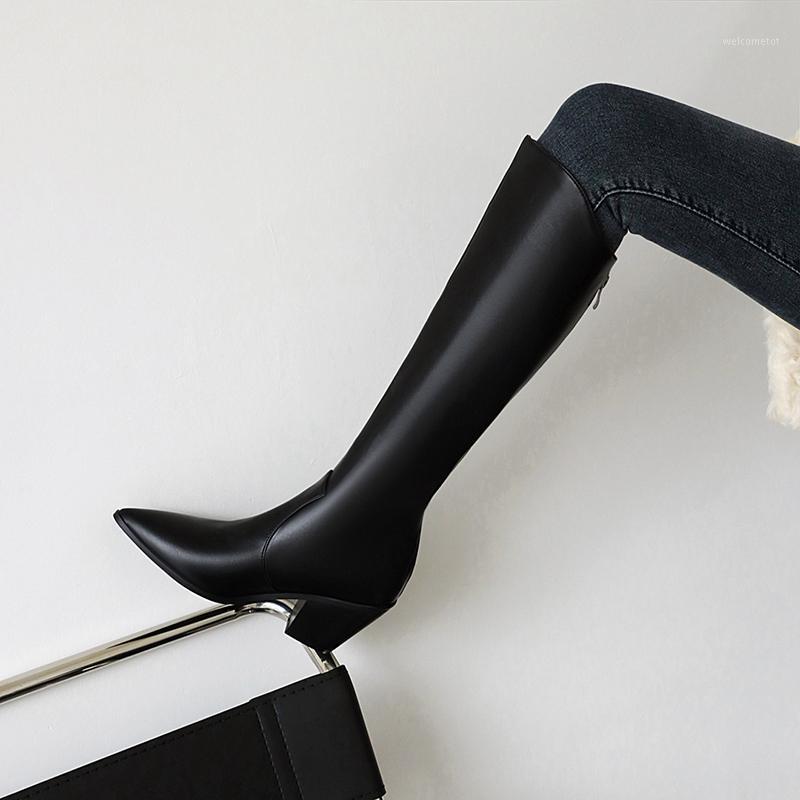 

Street style sexy pointed toe knee-high boots fashion zipper black white brown high-heeled chunky riding boots women's shoes1