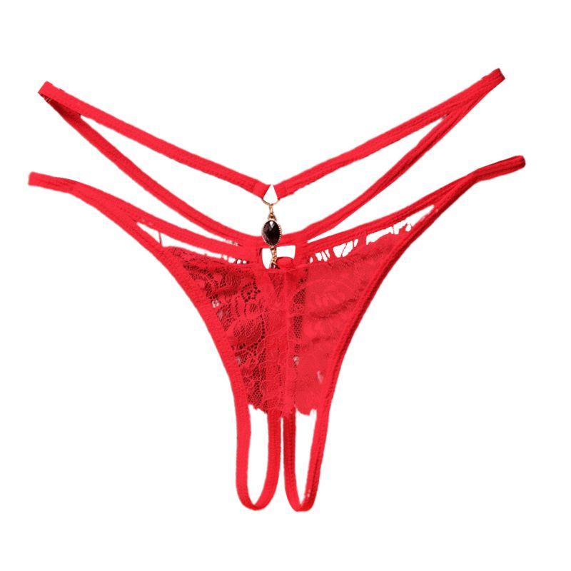 

Women Eyelash Floral Lace Lingerie Open Crotch G-String Rhinestone Drop Thongs, Red