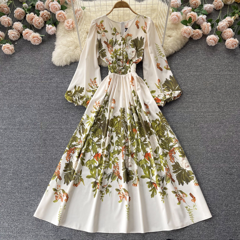 

Elegant French Women Casual Dresses Temperament Long Sleeve V Neck A-line Spring Vacation Maxi Long 2022, Same as picture