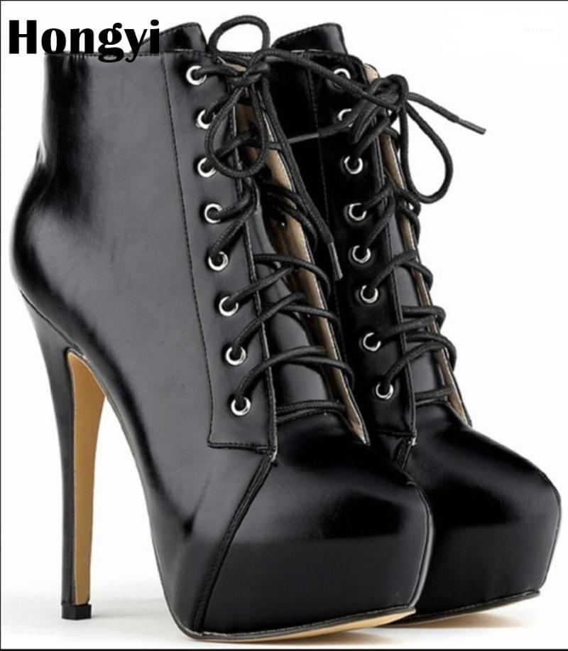 

Hongyi Fashion Women Boots 2020 High Heels Ankle Boots Platform Shoes Brand Women Shoes Autumn Black Lace Up Botas Femininos1, As showed color