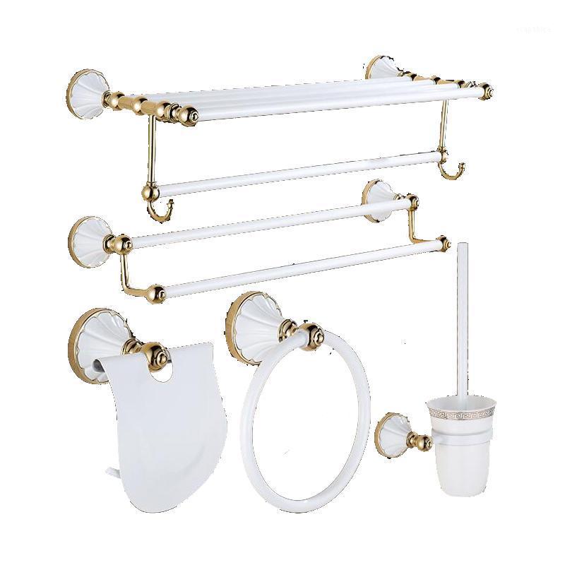 

LANGYO Luxury Bathroom Accessories Bathroom Hardware Set White&Gold Pendant Polished Toothbrush Towel Bar Cloth Hook Towel Rack1