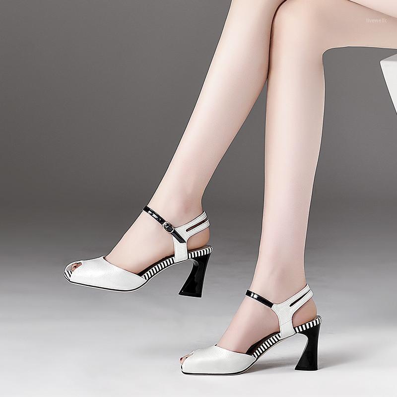 

Dilalula Genuine Leather Sandals Women 2020 High Heels Party Wedding Office Sandals Striped Summer Women's1, Black