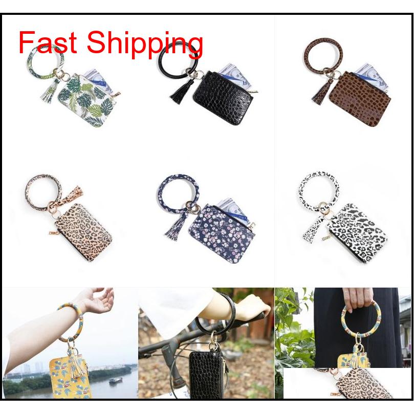 

Women Fashion Leopard Leather Bracelet Keychain Credit Card Wallet O Key Rings With Tassel Wristbands Clutch Purse B177F 1Oj6P