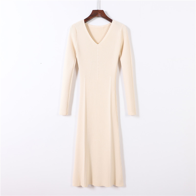 

2021 New Short V-neck Thick Sweater Women Autumn Winter Basic Slim Knit Female Mini Bottoming Sexy Dress Xmue, Apricot
