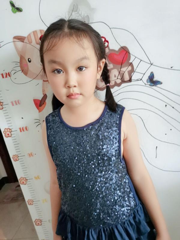 

girl dress summer sleeveless casual sequins O neck pleated dress1, Dark blue