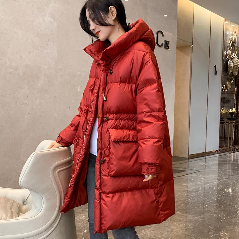 

2020 Winter Women 90% White Duck Down Jacket Loose Hooded Midi Long Parka New Red Horn Button Stand Collar Outwear, Beige