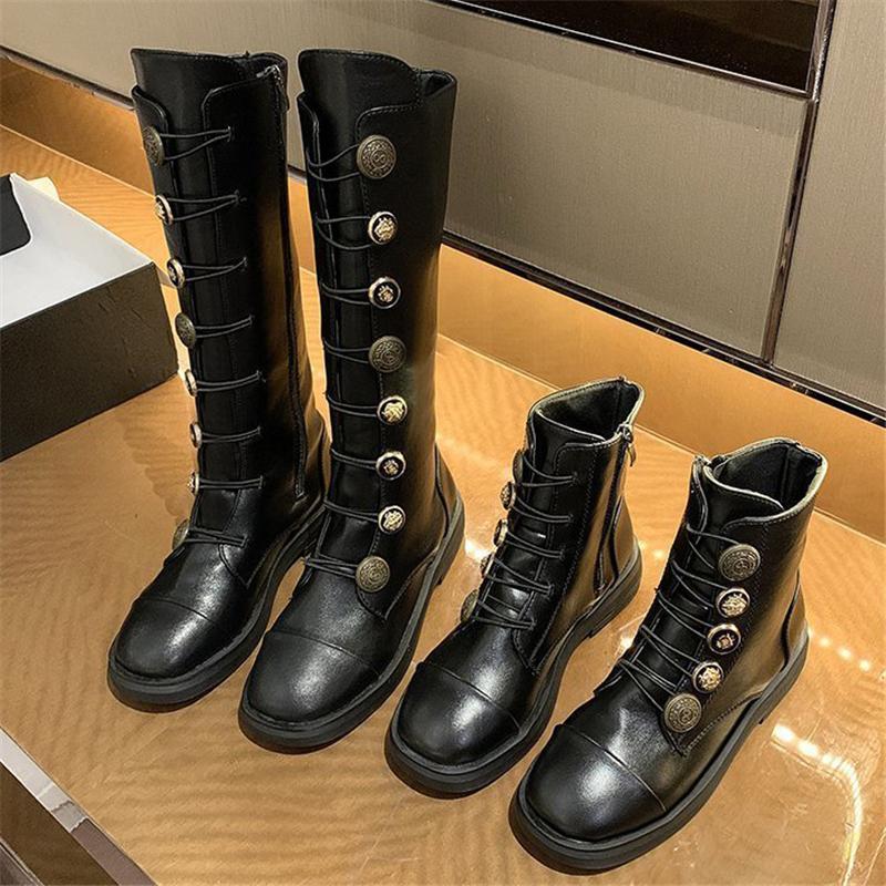 

INS Elegant Women Low Heels Long Boots Winter Round head Knee Black Thigh Designer fFat Shoes, Black long boots