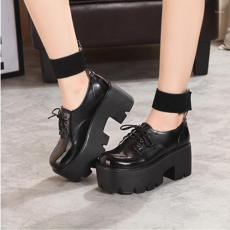 

Punk Genuine Leather Shoes Woman Comfortable Top Quality Black Ankle Strap High Heels Pumps Harajuku Cross-Tied Platform Shoes1