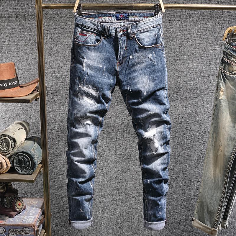

Italian Style Fashion Men Jeans Retro Blue Slim Fit Elastic Ripped Jeans Men Destroyed Patchwork Denim Pants Hip Hop Homme