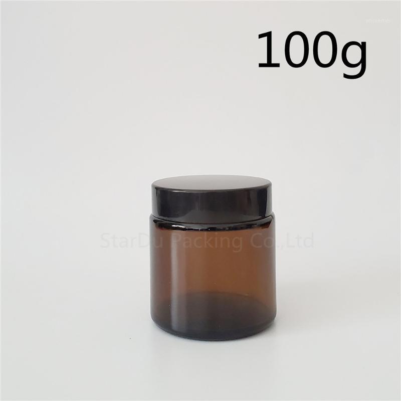 

5pcs 100g glass jars for cosmetics Amber Glass Cream Jars Cosmetic Packaging with lid black plastic caps1