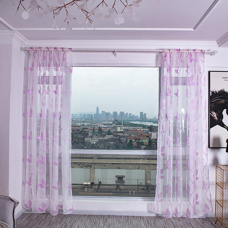 

High Quality Modern Style Household 2 Leaves Terry Cut Flowers Transparent Polyester Fabric Curtain Rod Home Decorations Curtain, Purple