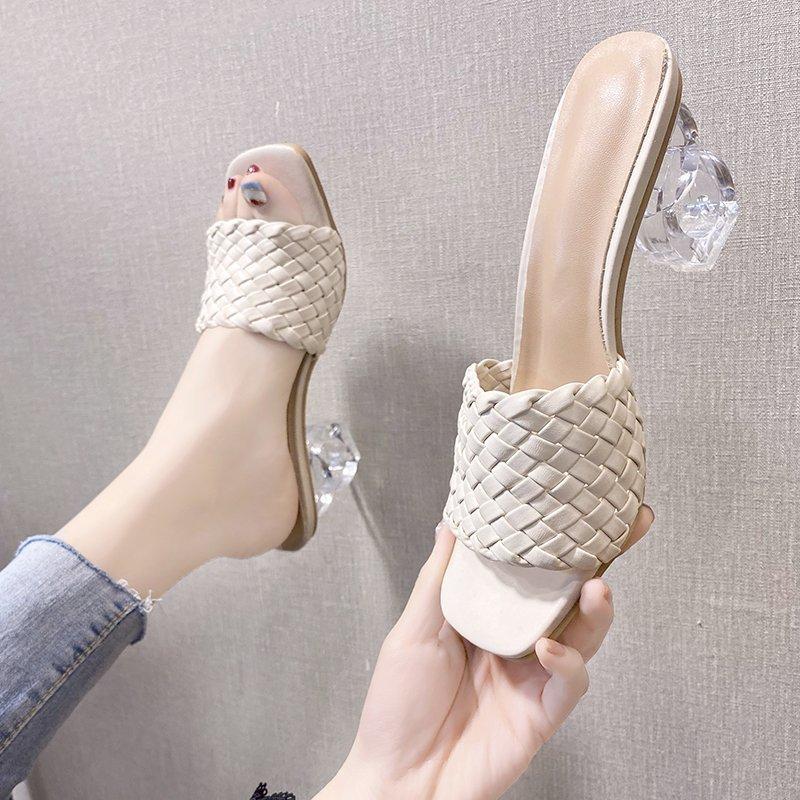 

Transparent High Heels Women Square Toe Sandals Summer Shoes Woman Clear High Pumps Wedding Heels Slippers, Beige