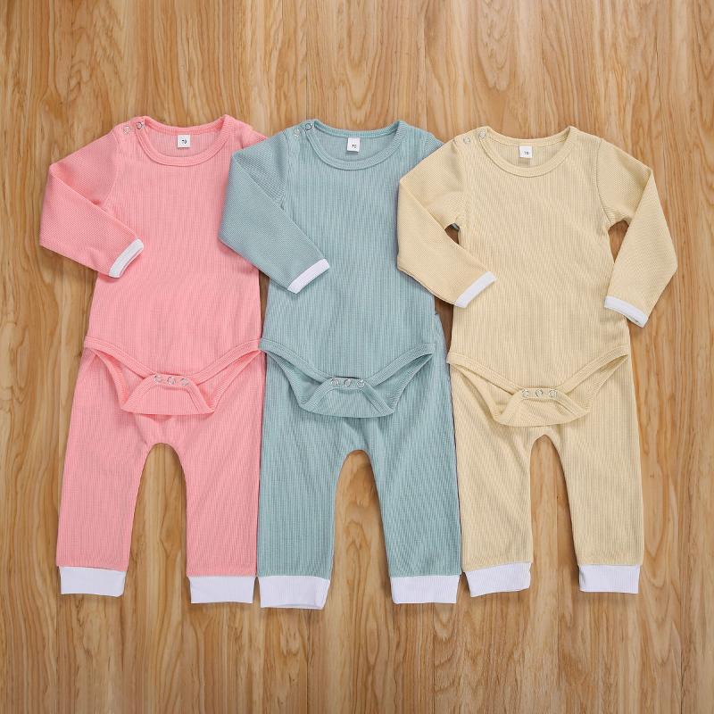 

pudcoco Newborn Baby Girl Boy Outfits Long Sleeve Rib Knit Romper+ Elastic Waist Pants Solid Color Set Autumn Winter 0-18 Months