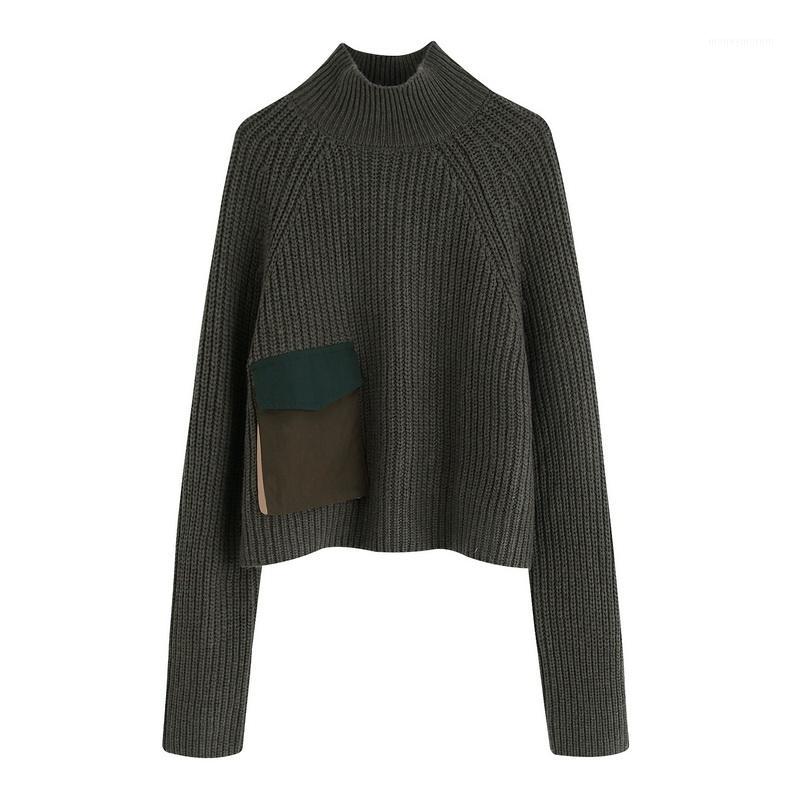 

Women Turtleneck Sweater Short Length Autumn 2019 New Fashion Patched Pocket Wide Casual Tops Modern Lady Loose Pullovers1, As photo
