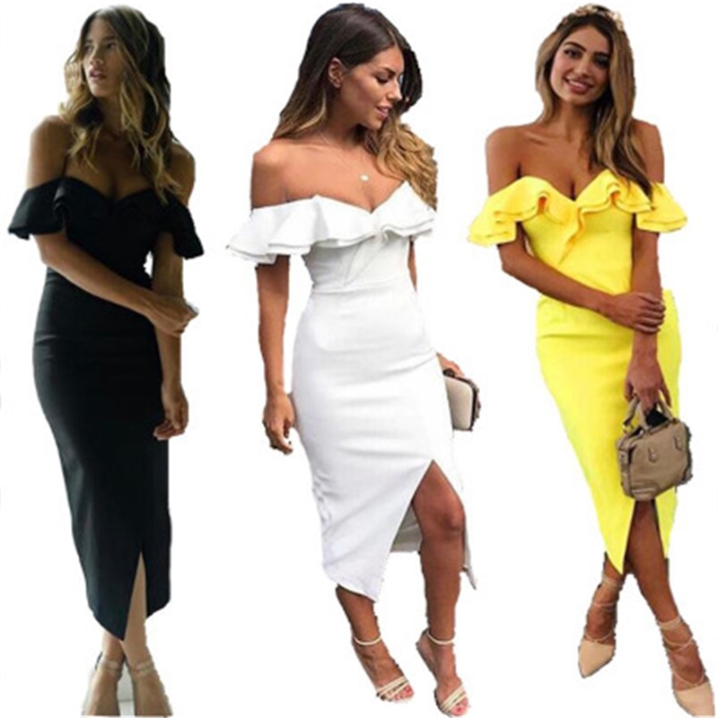 

2021 New Sexy Off Shoulder Summer Double Flounce Midi Bodycon Women Elegant Beach Empire Club Party 09lc, Black