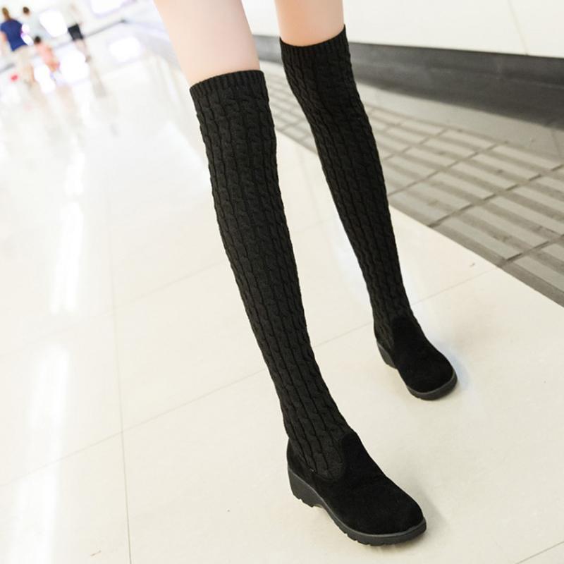 

New Women Shoes Autumn Winter Warm High Heels Pumps Artificial Nubuck Leather Casual Female Over The Knee Knitting Shoes, Black