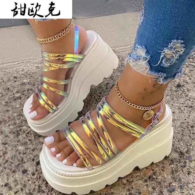 

Summer New Style Buckle Women Casual Sandals Fashion Thick-soled Waterproof Platform Slope with Women Sandals Plus Size 43, White