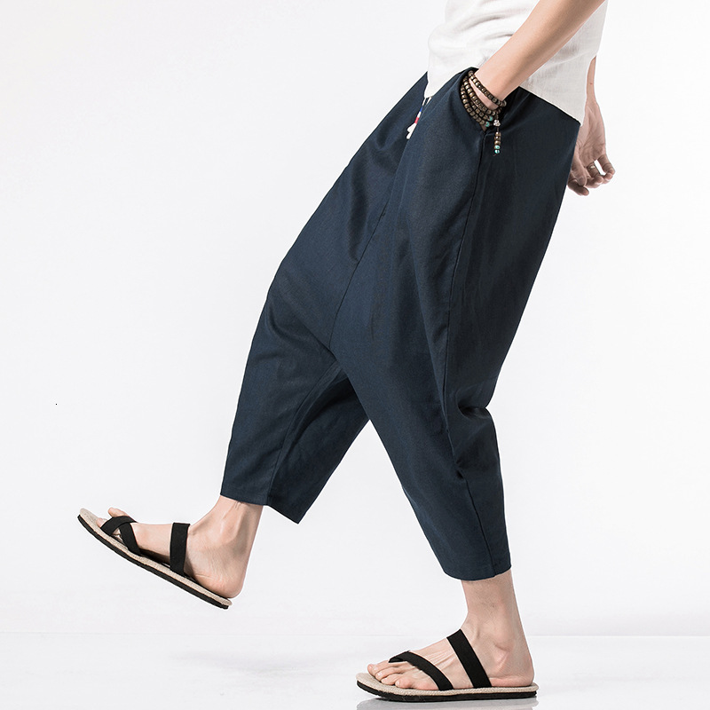 

2021 New Summer Cropped Chinese Linen Long Trousers for Men Harem Bermuda Casual Short Pants J9fd, Black