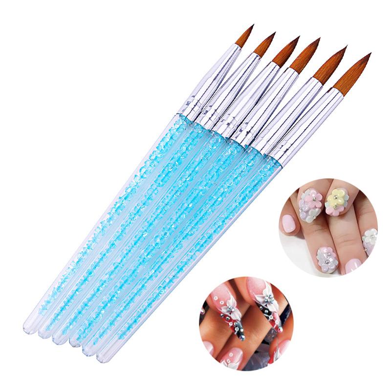 

6pcs/set Nylon Hair Nail Brush Blue Rhinestone Handle Kolinsky Acrylic Brush Pen Nail Gel Builder Carving Dotting Drawing Tools