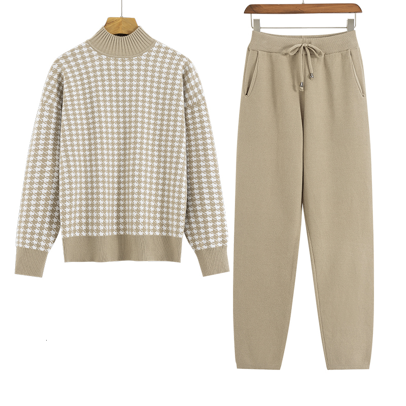 

2021 New Houndstooth Knit Women Sweater Costume Thick Turtleneck Winter Oversized Casual Loose Pullover Sweaters 2 Pieces Sets Xgat, Dark khaqi 6668