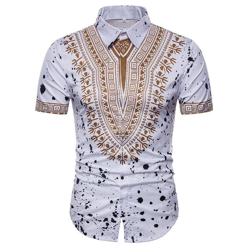 

African Printed White Black Shirt Men New Slim Fit Short Sleeve Casual Mens Dress Shirts -3XL