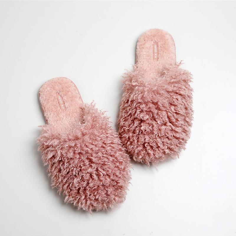 

New Winter Women Cotton Slippers Fluffy Curls Simple Warm Indoor Non-Slip Pink Size36-391