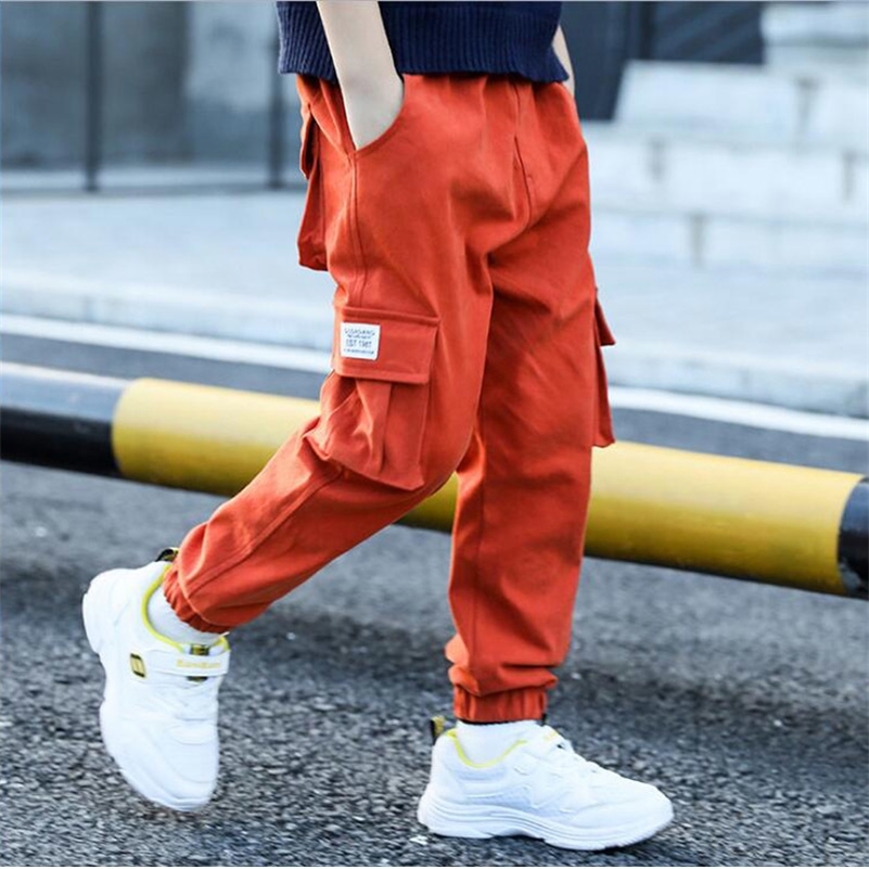 

Big Boy Child Cargo Pants Casual Sports Pants Spring And Autumn Children's Pants For Teeage Pockets Trousers 4 7 9 11 Old Years LJ201019, Orange