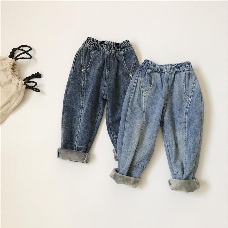 

2021 Korean Winter New Children's Plush Thick Cotton Denim Harem Pants Baby Boys and Girl Velvet Carrot Pants Kids Jeans 2-8Y, Sky blue
