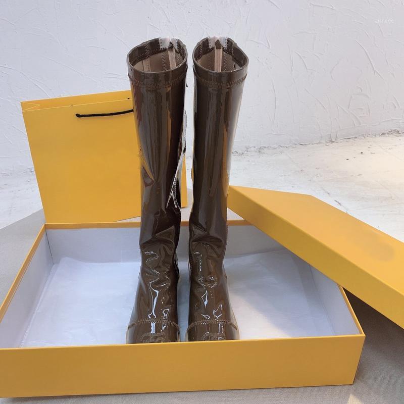 

With Autumn And Winter Ladies boots Girls Boots Sealed zipper Mirror leather Lambskin lining Artificial leather sole1, Brown boots