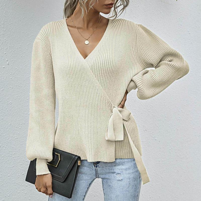 

Ladies Tops Fashion Casual Daily Sexy Solid Color Long Sleeve V-neck Waist Belted Knit Long Sweater Pullovers Ropa De MujerD23#, Gn