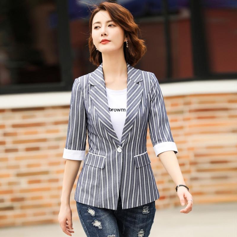 

New 2020 Ladies Casual Grey Striped Blazer Women Jackets Half Sleeve Office Work Wear Female Clothes, Blue