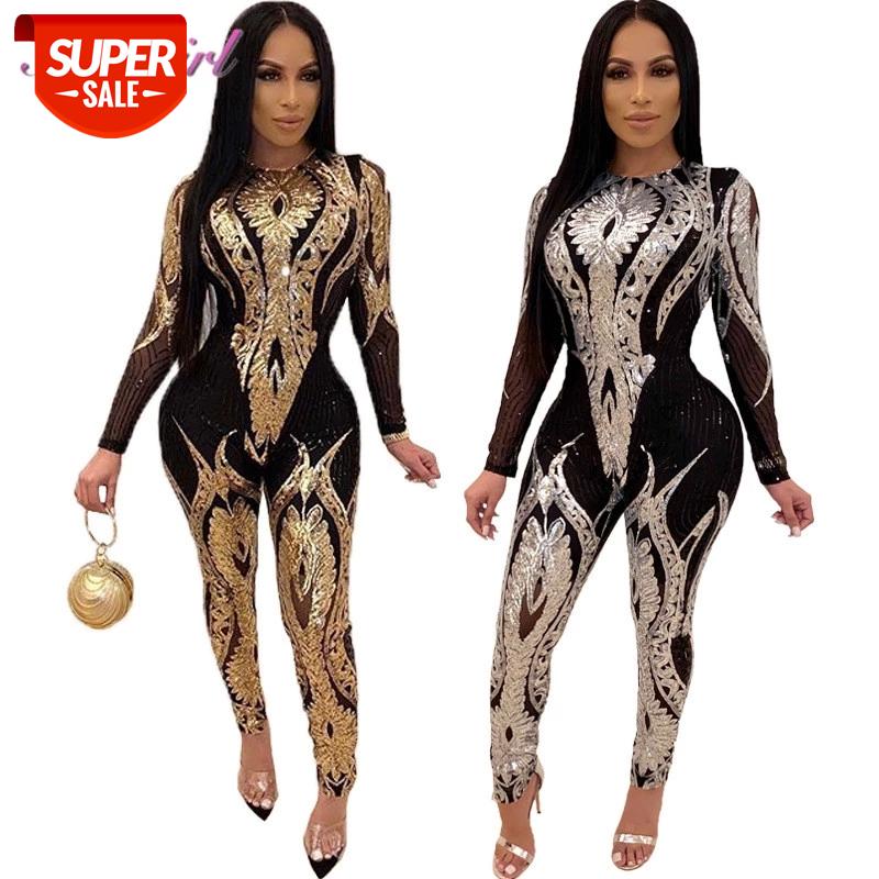 

Sexy Gorgeous Floral Sequins Sheer Mesh Night Party Club Jumpsuit Women O Neck Long Sleeve Skinny Romper Casual Outfit Overalls #6z7A, Black;white