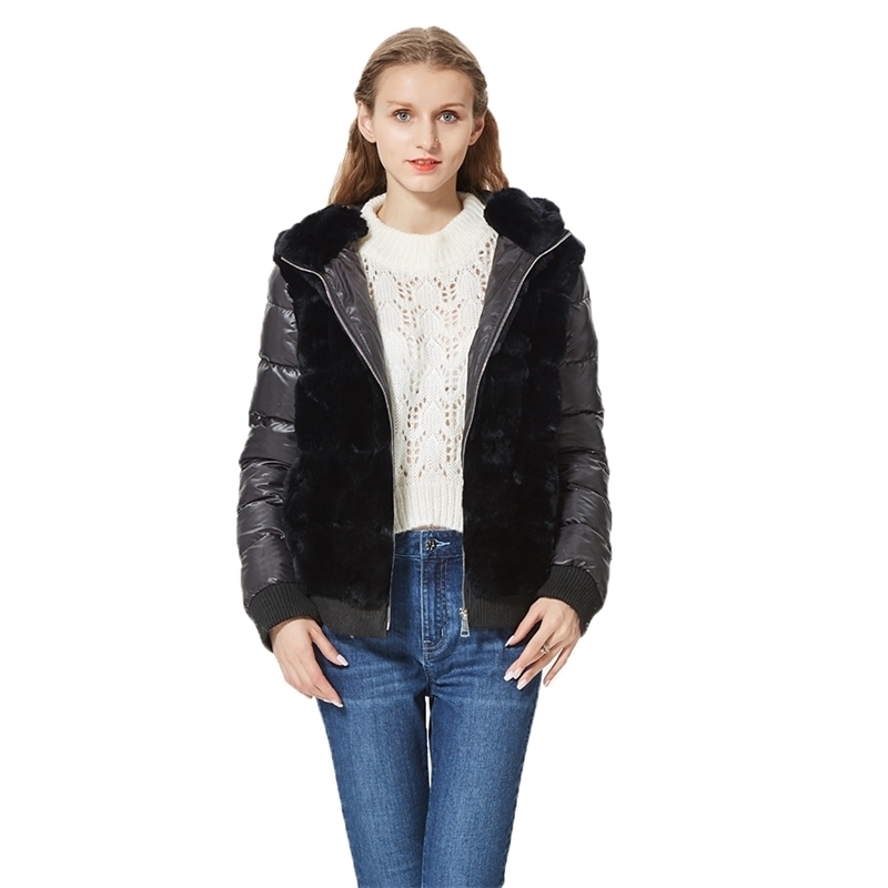 

Rex Rabbit Hood Sleeves bomber Real jacket Hooded With Down Fur Coat women 201120, Black