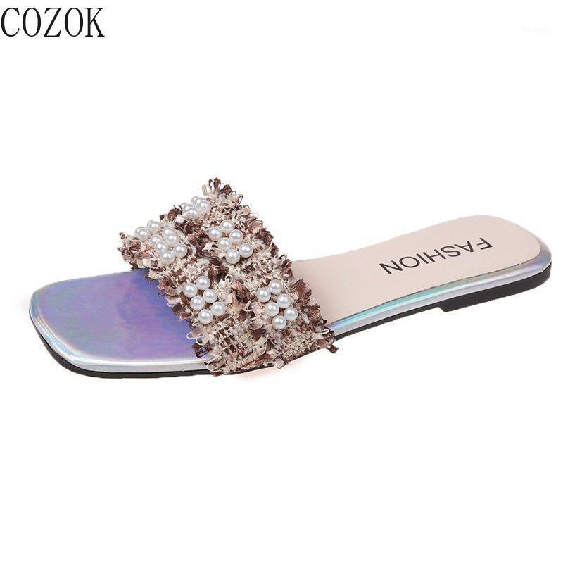 

Summer Women's Slippers Casual Fashion Home Women's Shoes Cloth Pearl Decoration Trendy Slippers1, White