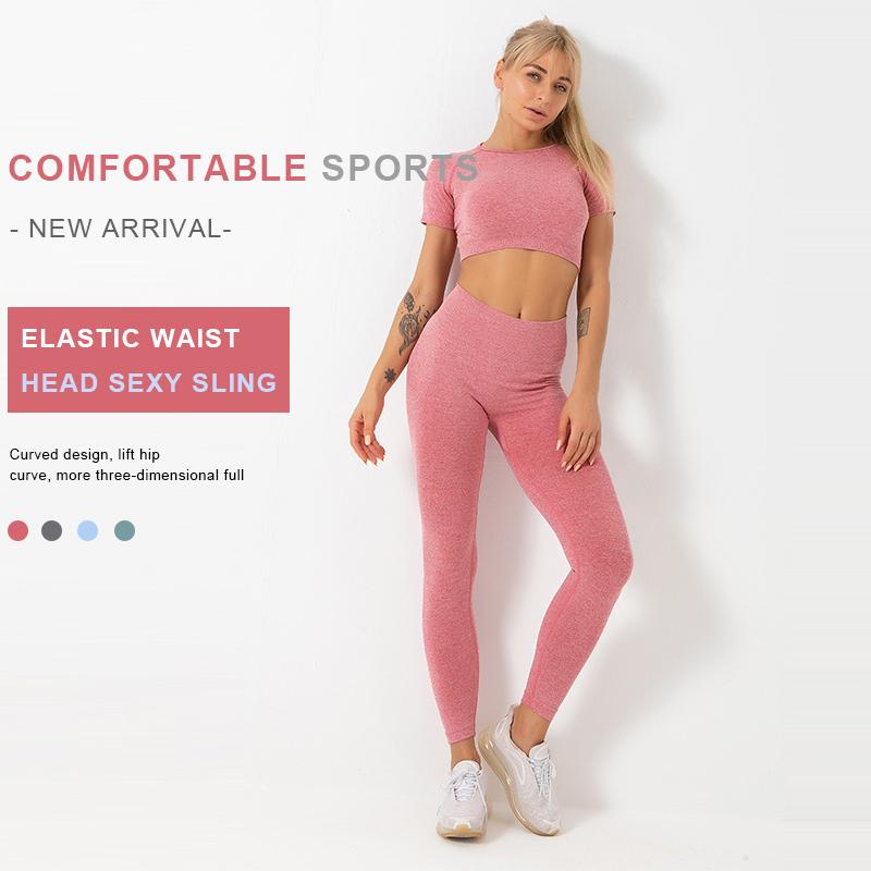 

2Pcs/Set Seamless Fitness Women Yoga Suit High Stretchy Workout Sport Yoga Set Padded Sports Shirt High Waist Sports Legging Gym, Gray-shirt