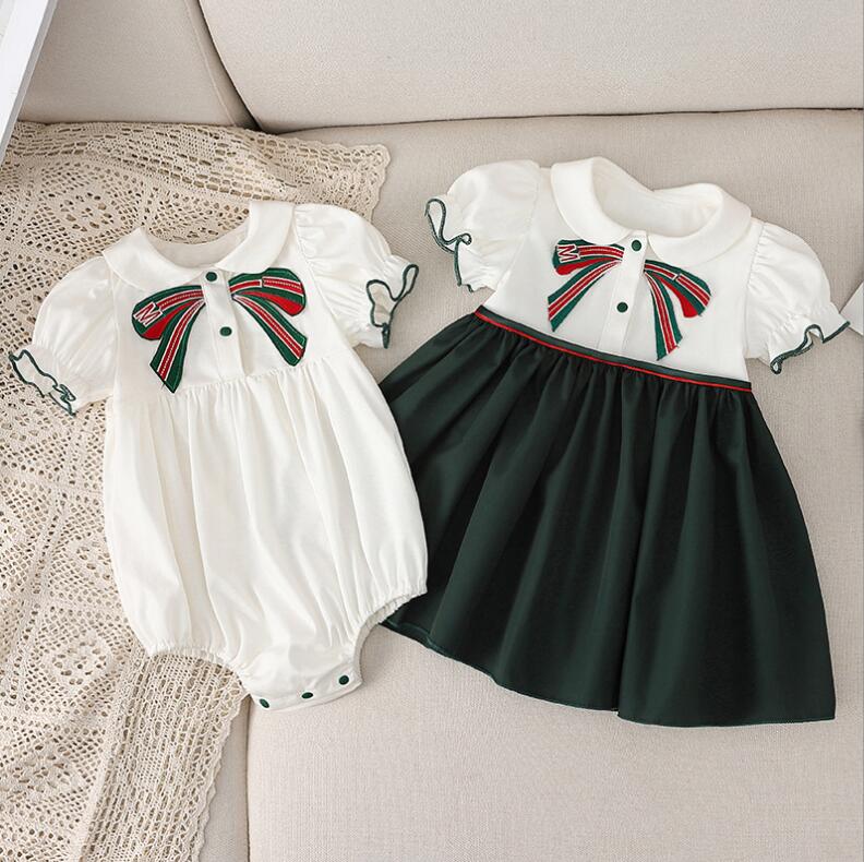 

School Style girls Kids Clothes Dress White With Bow Summer Elegant Pet Pan Collar Dresses Children Soft girls Clothing, Romper