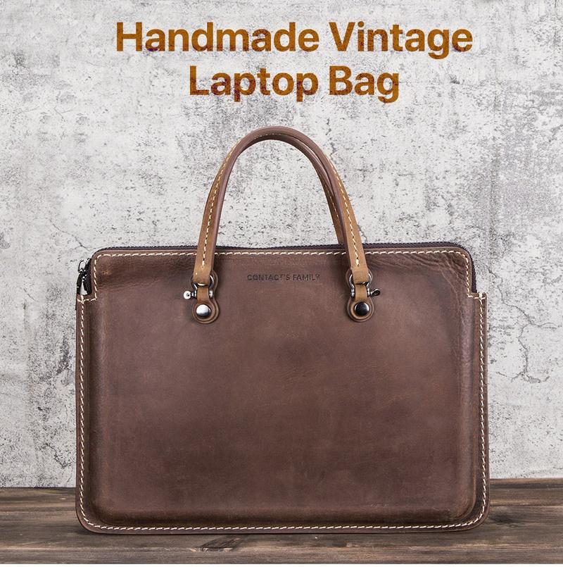 

Fashion Vintage Handbag Genuine Leather Bag Laptop Sleeve for MacBook Men and Womens Briefcase 15 Inch, Brwon