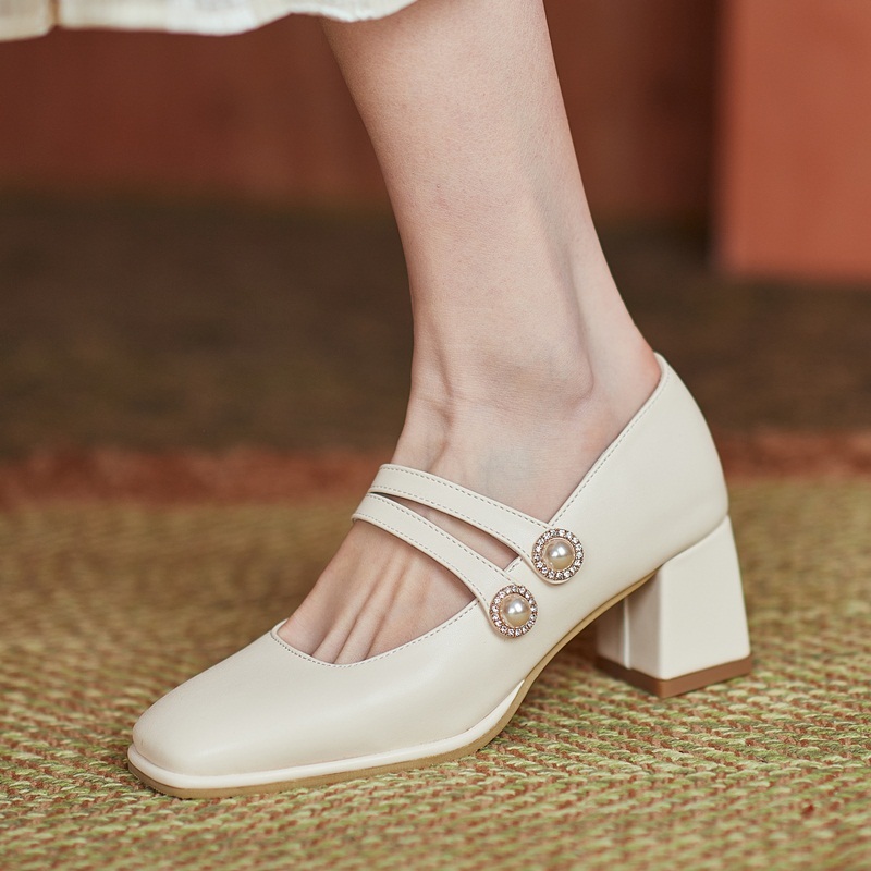 

2021 Spring Fall Female Sweet Shoes Mary Janes Toe Heels High Lady Dg9z, Beige