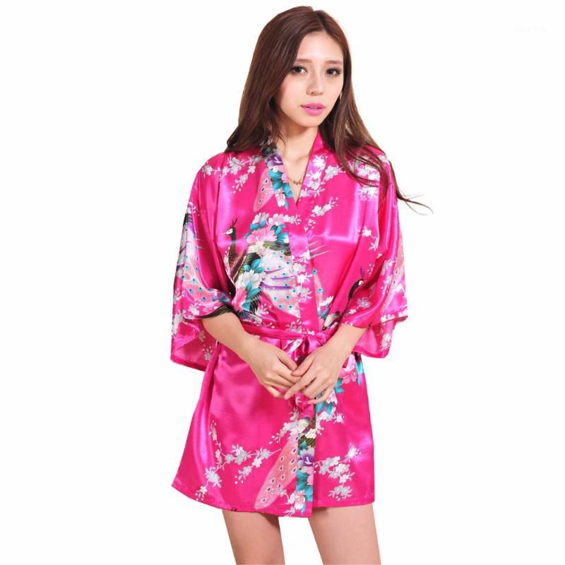 

Wholesale- Hot Pink Chinese Female Silk Rayon Robe Gown Sexy Mini Kimono Yukata Printed Nightgown Flower&Peacock S M L XL  XXXL RB10211, Baby blue