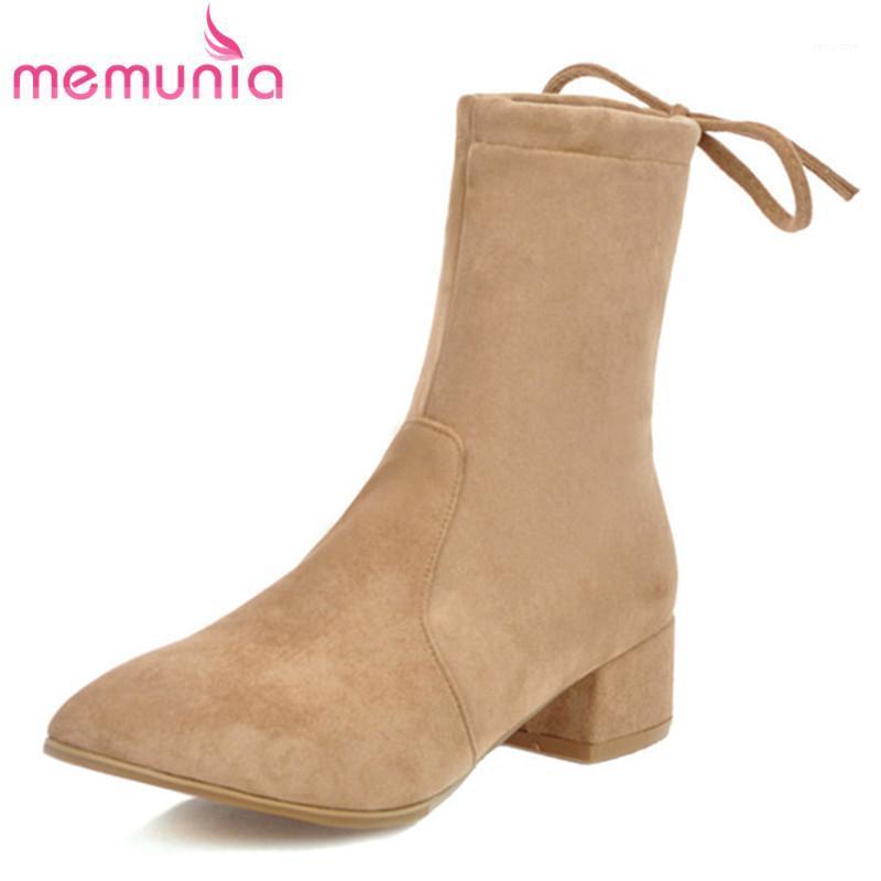 

MEMUNIA 2020 new arrival women ankle boots lace up flock square heels dress party shoes fashion autumn winter boots woman1, Black