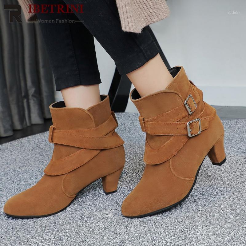 

RIBETRINI Elegant Women Shoes Women Solid Buckle Strap Round Toe Ankle Boots Spike Heel Casual Stylish Fluffy Boots1, Black